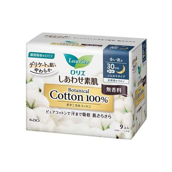 카오 로리에 행복한 맨살 보태니컬 코튼 100% 양이 많은 야간용 30cm 날개형 무향 9개입